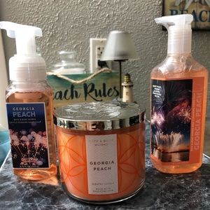 Three wick Georgia Peach candle and 2 hand soaps